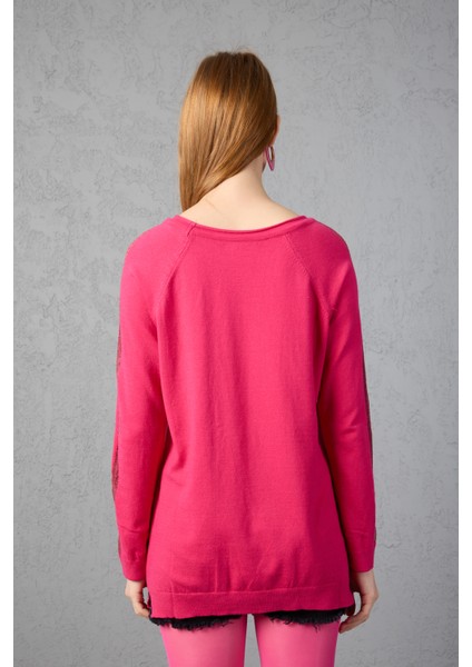 Kadın Fuşya Reglan Kol Simli Detaylı Yuvarlak Yaka Triko Bluz fırsatları