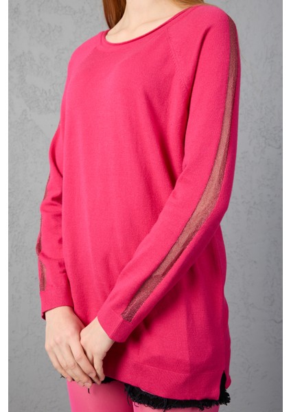 Kadın Fuşya Reglan Kol Simli Detaylı Yuvarlak Yaka Triko Bluz indirimleri