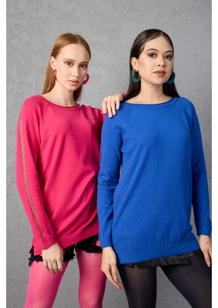 Kadın Fuşya Reglan Kol Simli Detaylı Yuvarlak Yaka Triko Bluz