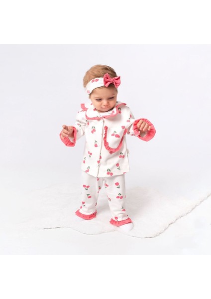 Kız Çocuk Ekru Pembe Lale Desenli Fırfırlı Bandanalı Pijama Takımı - 1015413