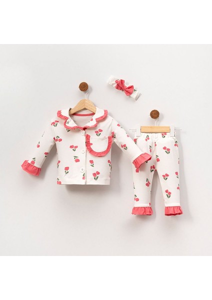 Kız Çocuk Ekru Pembe Lale Desenli Fırfırlı Bandanalı Pijama Takımı - 1015413 fiyatları
