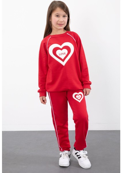 Kırmızı Kalp Desenli Kız Çocuk Şeritli Eşofman Takımı 23345