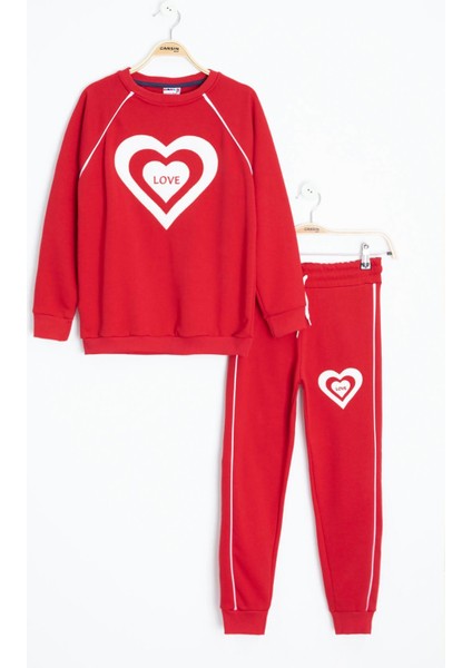 Kırmızı Kalp Desenli Kız Çocuk Şeritli Eşofman Takımı 23345 fiyatları