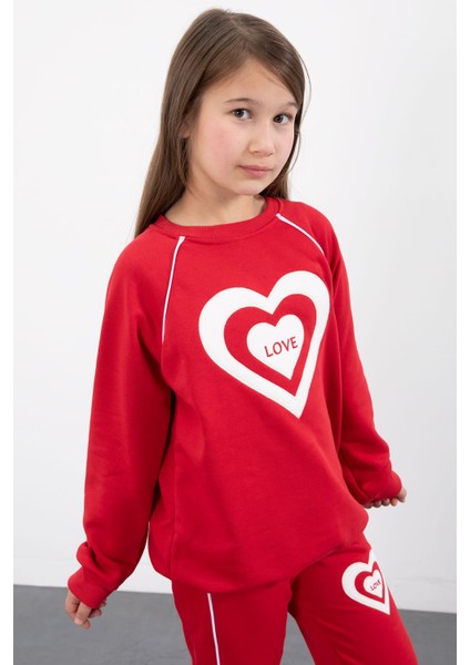 Kırmızı Kalp Desenli Kız Çocuk Şeritli Eşofman Takımı 23345 modelleri
