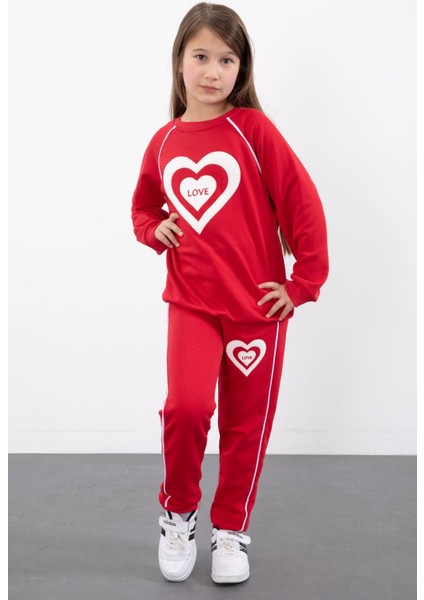 Kırmızı Kalp Desenli Kız Çocuk Şeritli Eşofman Takımı 23345 fırsatları