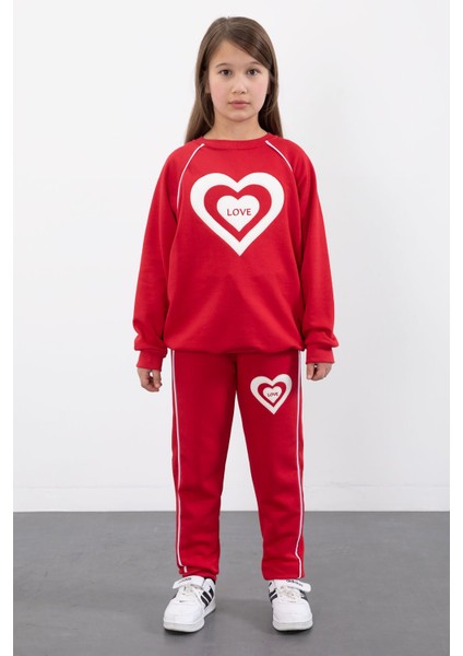 Kırmızı Kalp Desenli Kız Çocuk Şeritli Eşofman Takımı 23345 indirimleri