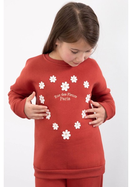 Kiremit Çiçek Nakışlı Şardonlu Kız Çocuk Geniş Paça Eşofman Takımı 23348 modelleri