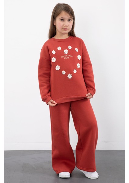 Kiremit Çiçek Nakışlı Şardonlu Kız Çocuk Geniş Paça Eşofman Takımı 23348 fırsatları