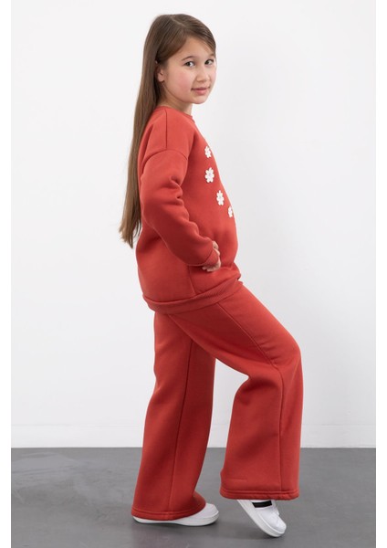 Kiremit Çiçek Nakışlı Şardonlu Kız Çocuk Geniş Paça Eşofman Takımı 23348 indirimleri