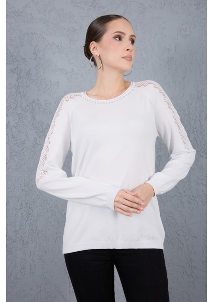 Kadın Beyaz Ajurlu Inci Detaylı Reglan Kollu Yuvarlak Yaka Triko Bluz fiyatları