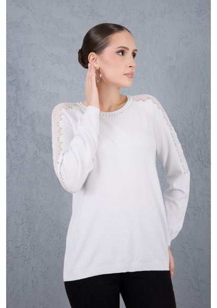 Kadın Beyaz Ajurlu Inci Detaylı Reglan Kollu Yuvarlak Yaka Triko Bluz modelleri