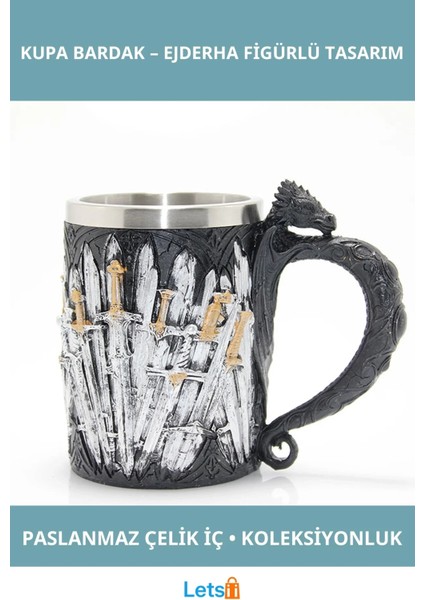 Ejderha Figürlü Tasarım Kupa Bardak Paslanmaz Çelik