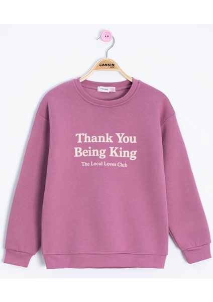 Pembe Yazı Baskılı Bisiklet Yaka Kız Çocuk Şardonlu Sweatshirt 23256