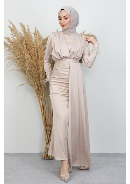 Tüylü Saten Tesettür Elbise Krem fiyatları