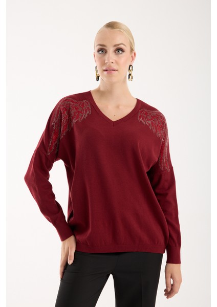 Kadın Bordo Omuzları Taş Detaylı V Yaka Triko Bluz