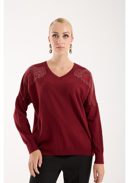 Kadın Bordo Omuzları Taş Detaylı V Yaka Triko Bluz fiyatları