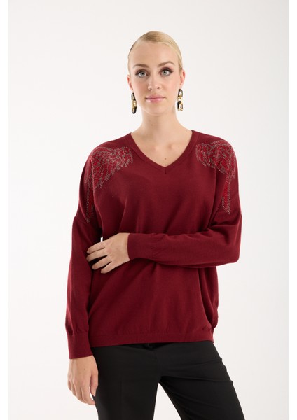 Kadın Bordo Omuzları Taş Detaylı V Yaka Triko Bluz modelleri