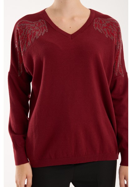 Kadın Bordo Omuzları Taş Detaylı V Yaka Triko Bluz