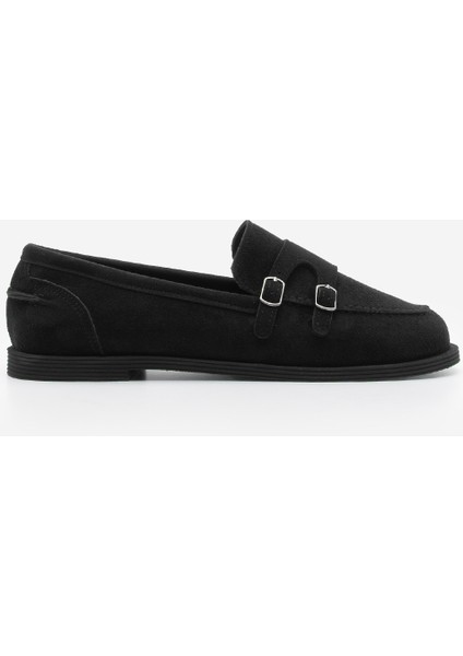Kadın Loafer Makosen Çift Bantlı Tokalı Günlük Ayakkabı Ovora Siyah Süet modelleri
