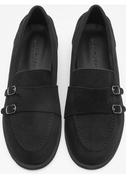 Kadın Loafer Makosen Çift Bantlı Tokalı Günlük Ayakkabı Ovora Siyah Süet