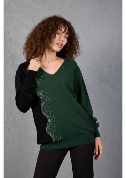 Haki-Siyah Iki Renkli Taş Detaylı V Yaka Triko Bluz fiyatları
