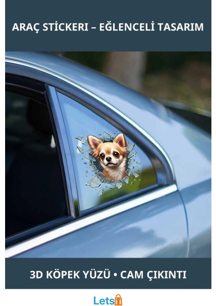 3D Kelebek Camdan Dışarı Çıkan Eğlenceli Chihuahua Araç Stickerı