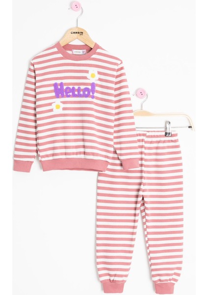 Gül Kurusu Papatya Nakışlı Çizgili Kız Çocuk Takım 23353