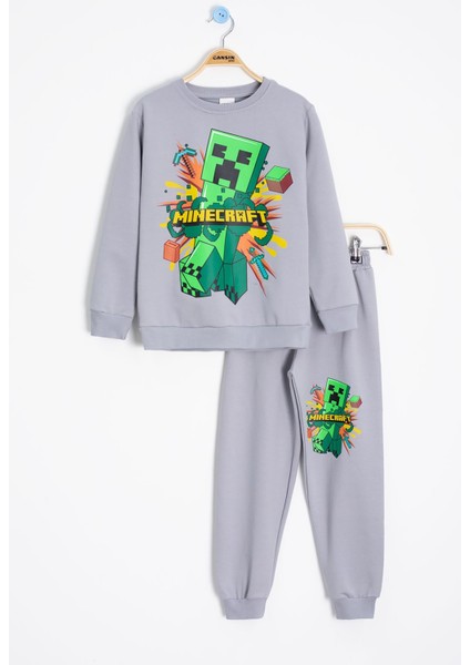 Gri Erkek Çocuk Karakter Baskılı Bisiklet Yaka Eşofman Takımı 23266