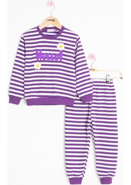 Mor Papatya Nakışlı Çizgili Kız Çocuk Takım 23351