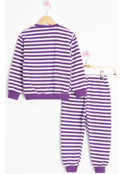 Mor Papatya Nakışlı Çizgili Kız Çocuk Takım 23351 fırsatları