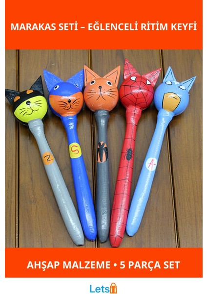 Ahşap Renkli Kedi Figürlü Eğlenceli 5'li Marakas Takımı