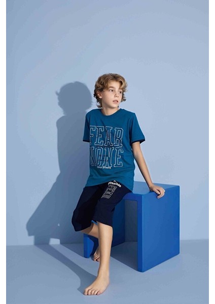 Erkek Çocuk Sportswear Fear None T-Shirt Kapri Alt Bisiklet Yaka Orta Kalın Pijama TAKIMI-3922