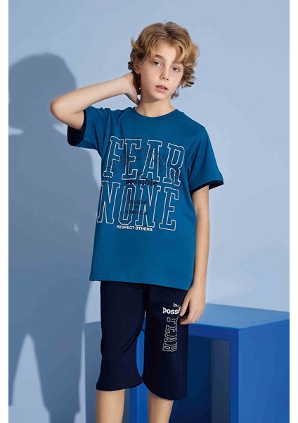 Erkek Çocuk Sportswear Fear None T-Shirt Kapri Alt Bisiklet Yaka Orta Kalın Pijama TAKIMI-3922 fiyatları