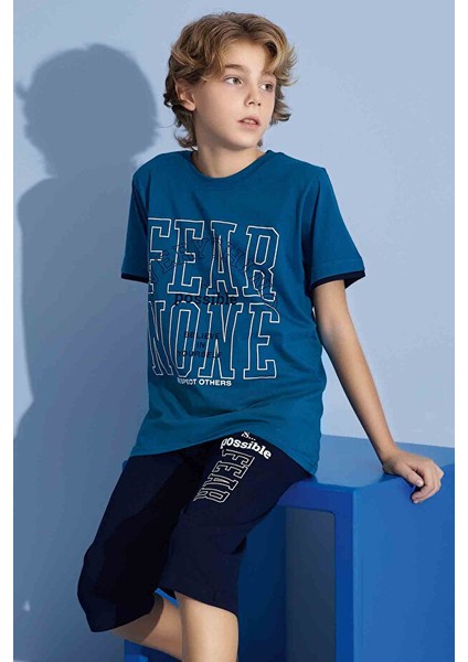 Erkek Çocuk Sportswear Fear None T-Shirt Kapri Alt Bisiklet Yaka Orta Kalın Pijama TAKIMI-3922 modelleri