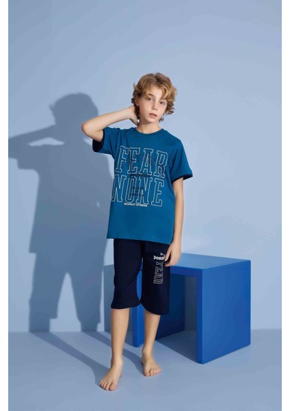 Erkek Çocuk Sportswear Fear None T-Shirt Kapri Alt Bisiklet Yaka Orta Kalın Pijama TAKIMI-3922 fırsatları