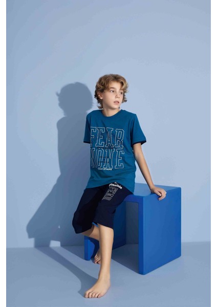 Erkek Çocuk Sportswear Fear None T-Shirt Kapri Alt Bisiklet Yaka Orta Kalın Pijama TAKIMI-3922 indirimleri