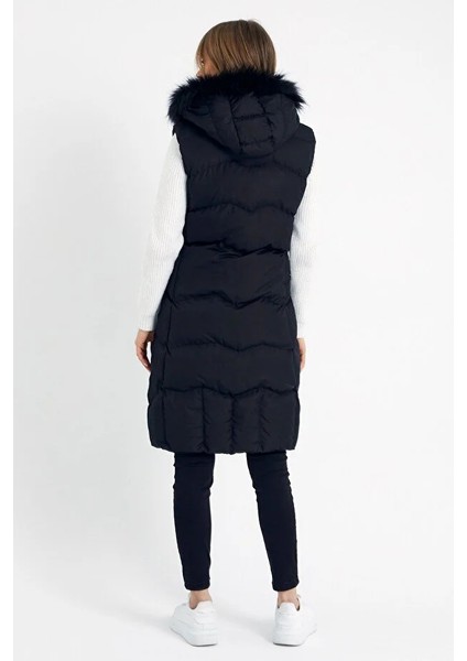 Kadın Siyah Uzun Yelek Kapüşon Kürklü fiyatları