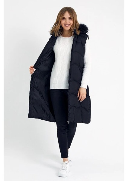 Kadın Siyah Uzun Yelek Kapüşon Kürklü indirimleri