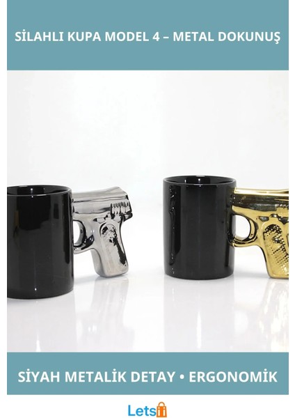Porselen Silahlı Kupa Bardak Siyah Metalik Tasarım