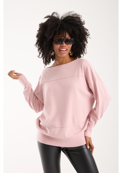 Kadın Pudra Kayık Yaka Triko Bluz