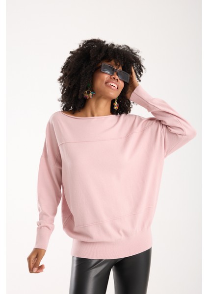 Kadın Pudra Kayık Yaka Triko Bluz modelleri