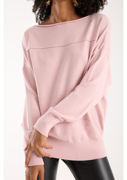 Kadın Pudra Kayık Yaka Triko Bluz