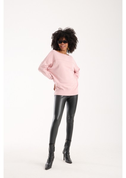 Kadın Pudra Kayık Yaka Triko Bluz