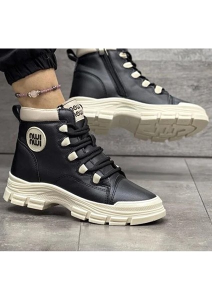 (Conpax) Fermuarlı&bağcıklı Termo Kaymaz Taban Günlük Kadın Bot Siyah Beyaz fırsatları