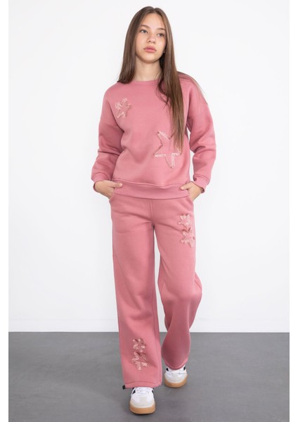 Pembe Yıldız Desenli Geniş Paça Şardonlu Kız Çocuk Eşofman Takımı 23362