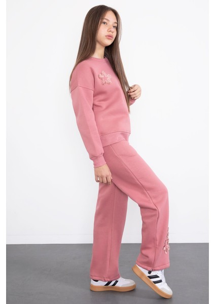 Pembe Yıldız Desenli Geniş Paça Şardonlu Kız Çocuk Eşofman Takımı 23362 fiyatları