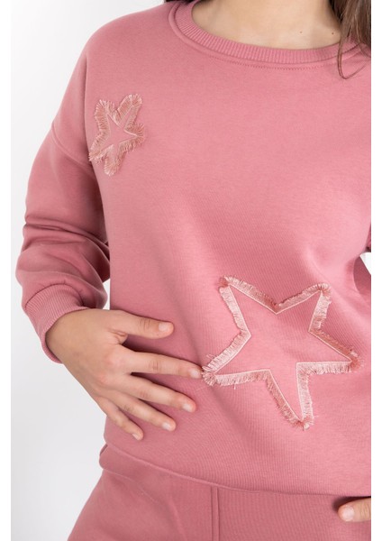 Pembe Yıldız Desenli Geniş Paça Şardonlu Kız Çocuk Eşofman Takımı 23362 modelleri