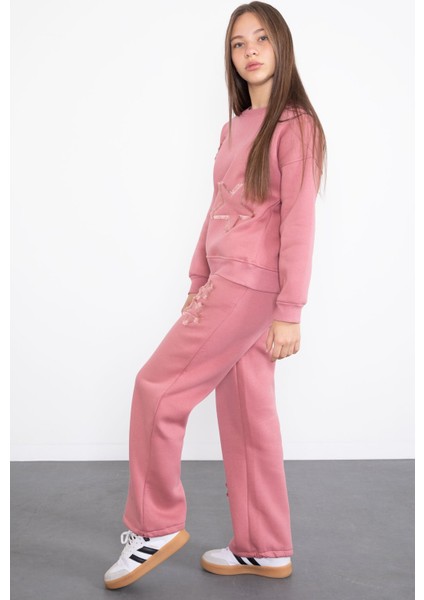 Pembe Yıldız Desenli Geniş Paça Şardonlu Kız Çocuk Eşofman Takımı 23362 fırsatları