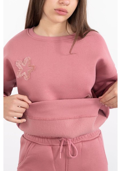 Pembe Yıldız Desenli Geniş Paça Şardonlu Kız Çocuk Eşofman Takımı 23362 indirimleri