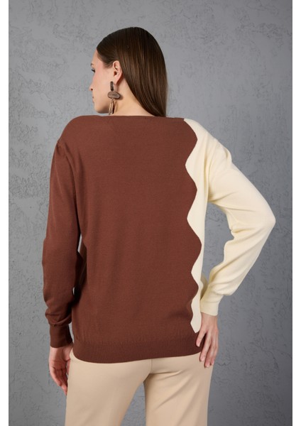 Kahve-Ecru Iki Renkli Taş Detaylı V Yaka Triko Bluz fırsatları